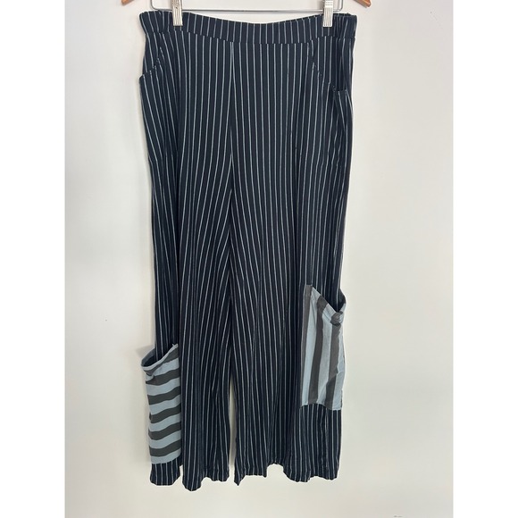 Flutter Pants - Flutter Womens Black White Pinstripe Wide Leg Cotton Pants Contrast Pockets L